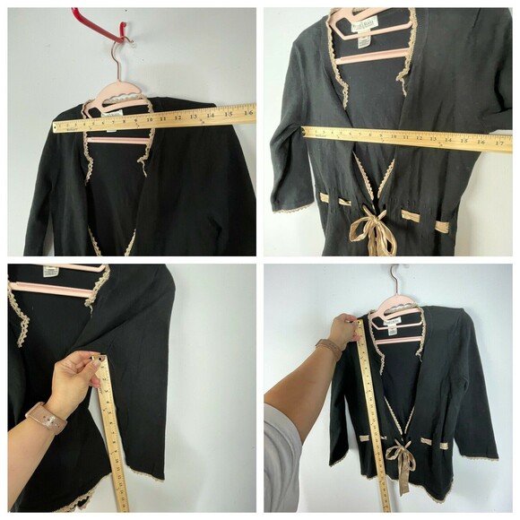White House Black Market Black Taupe Trim Ribbon Tie Waist Cardigan Size S - Picture 9 of 9